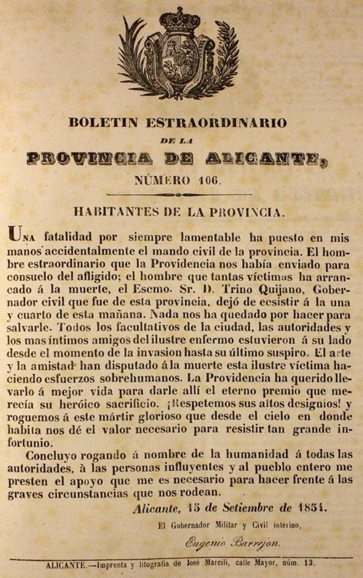 Boletín de la provincia de Alicante sobre la muerte del gobernador civil Trino González de Quijano el 15 de septiembre de 1854