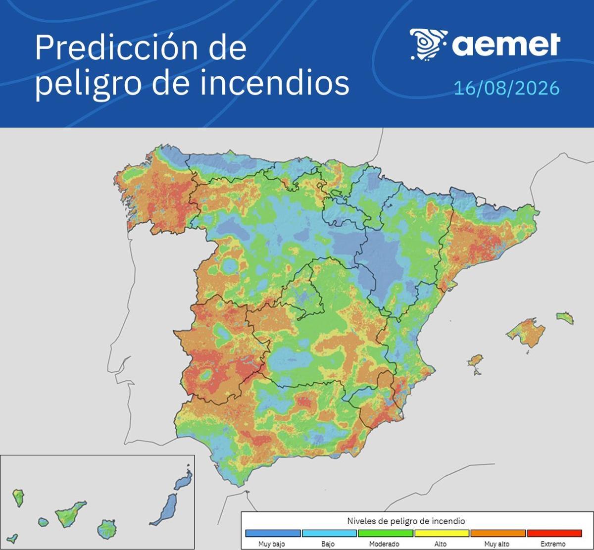 Predicción de peligro por riesgo de incendios, actualizada por la Aemet.