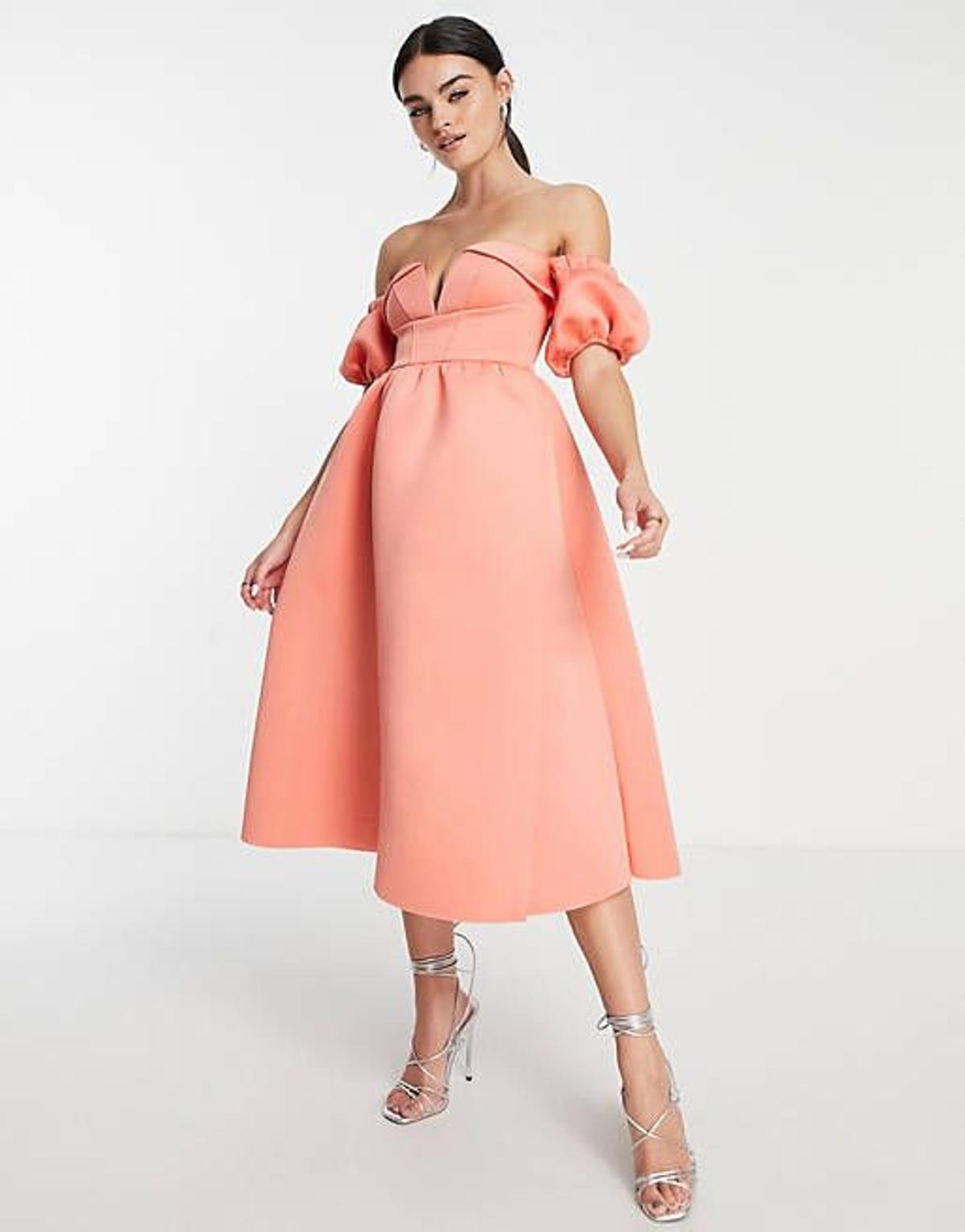 Vestido midi con escote bardot y volantes de Asos