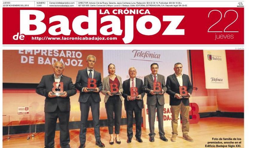 Esta es la portada de LA CRÓNICA DE BADAJOZ correspondiente al día 22 de noviembre del 2018