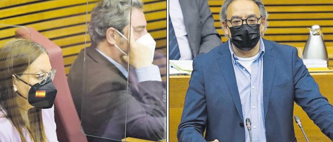 A la izquierda, los diputados de Vox Llanos Massó y José María Llanos. A la derecha, el síndic del PSPV, Manolo Mata, en el pleno.