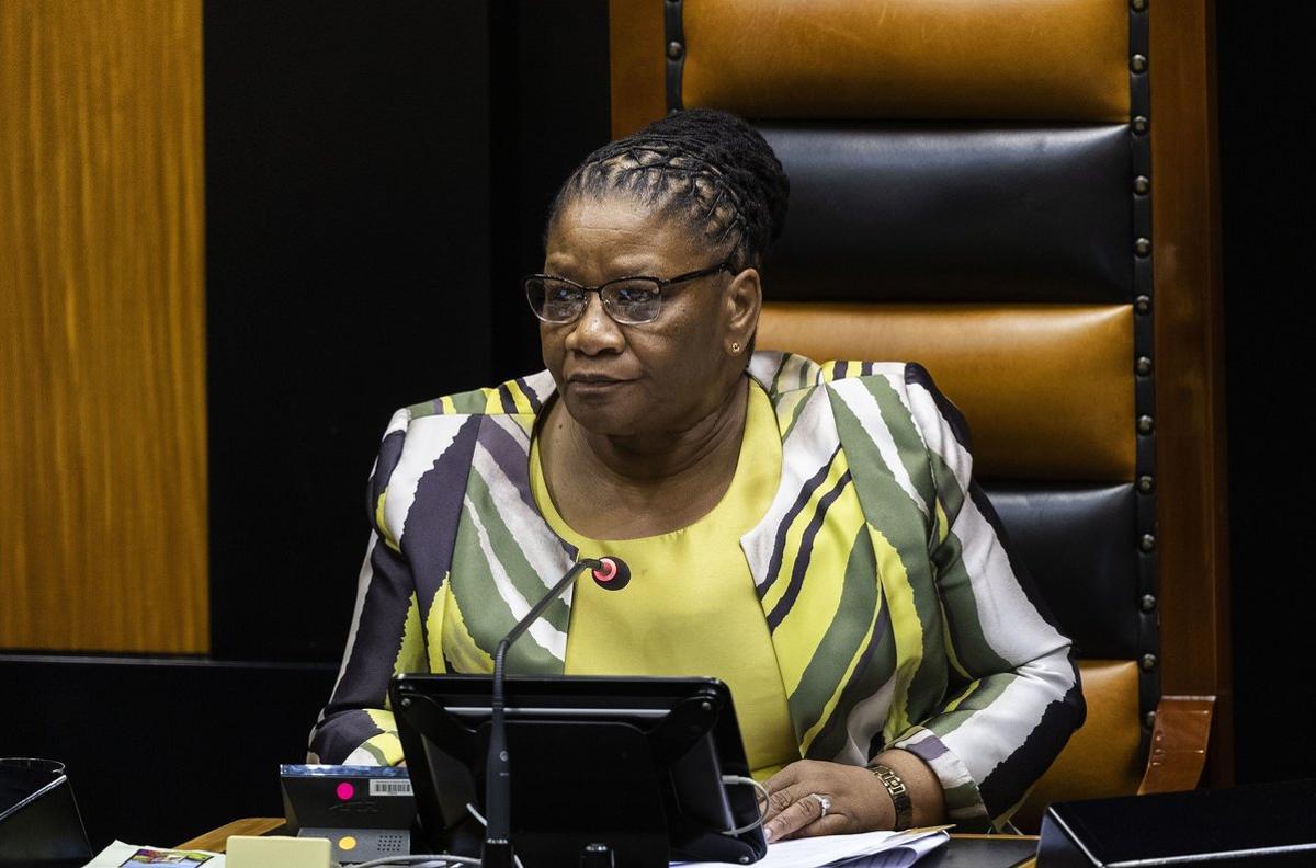 Cape Town (South Africa).- (FILE) - Thandi Modise, Speaker of the National Assembly, presides over parliament after being elected during the swearing in of new members of the National Assembly and election of the National Assembly speaker and president in Parliament, Cape Town, South Africa, 22 May 2019 (reissued 07 May 2020). Parliament Speaker Thandi Modise was insulted when a virtual parliamentary committee meeting on 07 May 2020 she was chairing was hacked. (Sudáfrica) EFE/EPA/NIC BOTHMA *** Local Caption *** 55215389