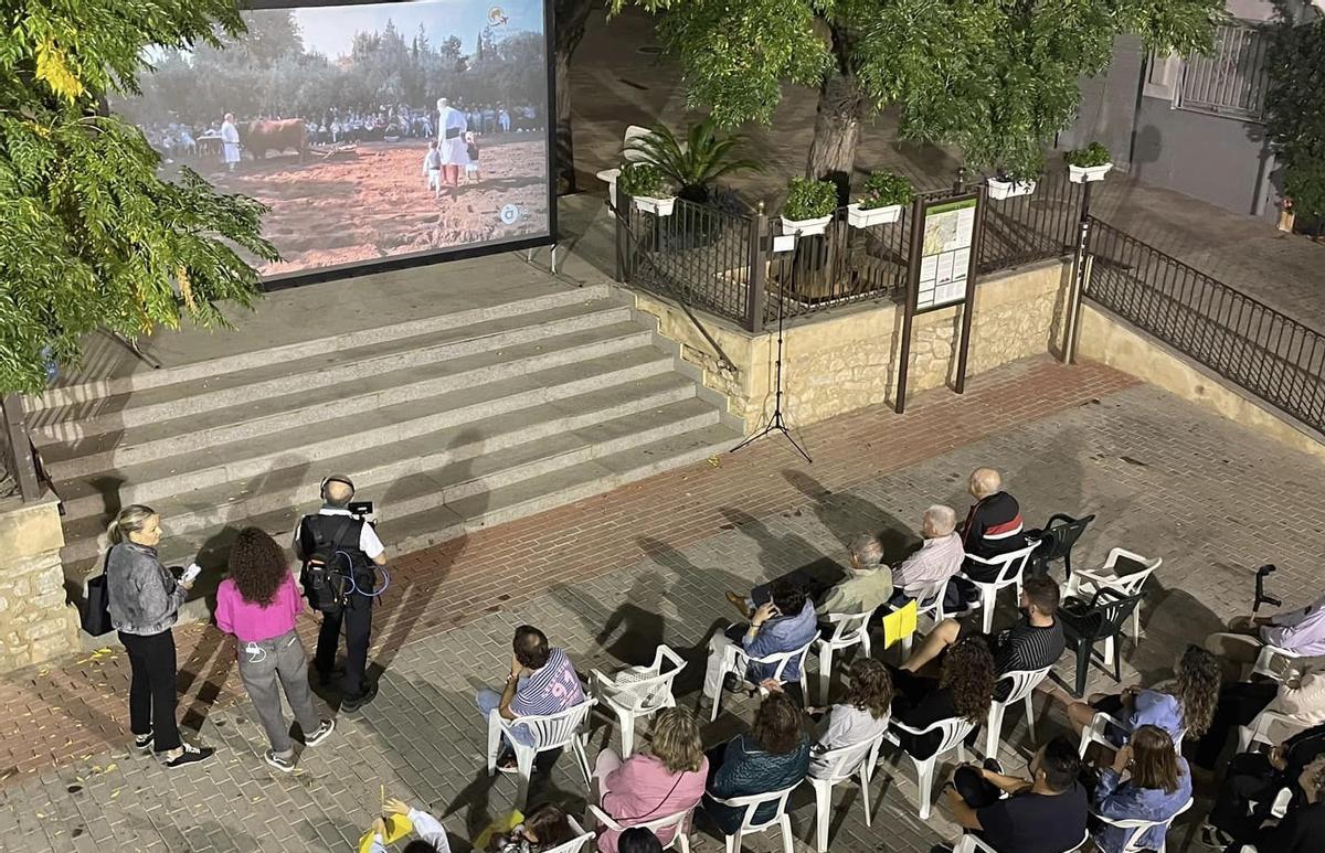 Pantalla gigante instalada en Pinet para seguir la conexión en directo de À Punt con la Fallera Mayor.