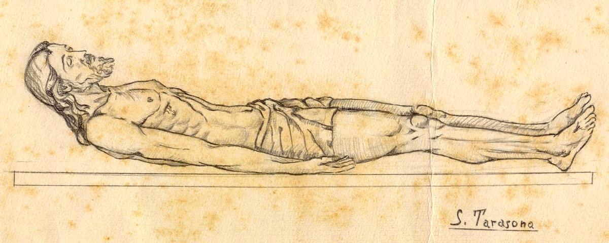 Salvador Tarazona Alós. Esbós dibuixat del Crist jacent. Església parroquial de Sant Jordi Màrtir de Paiporta. València. 1948.