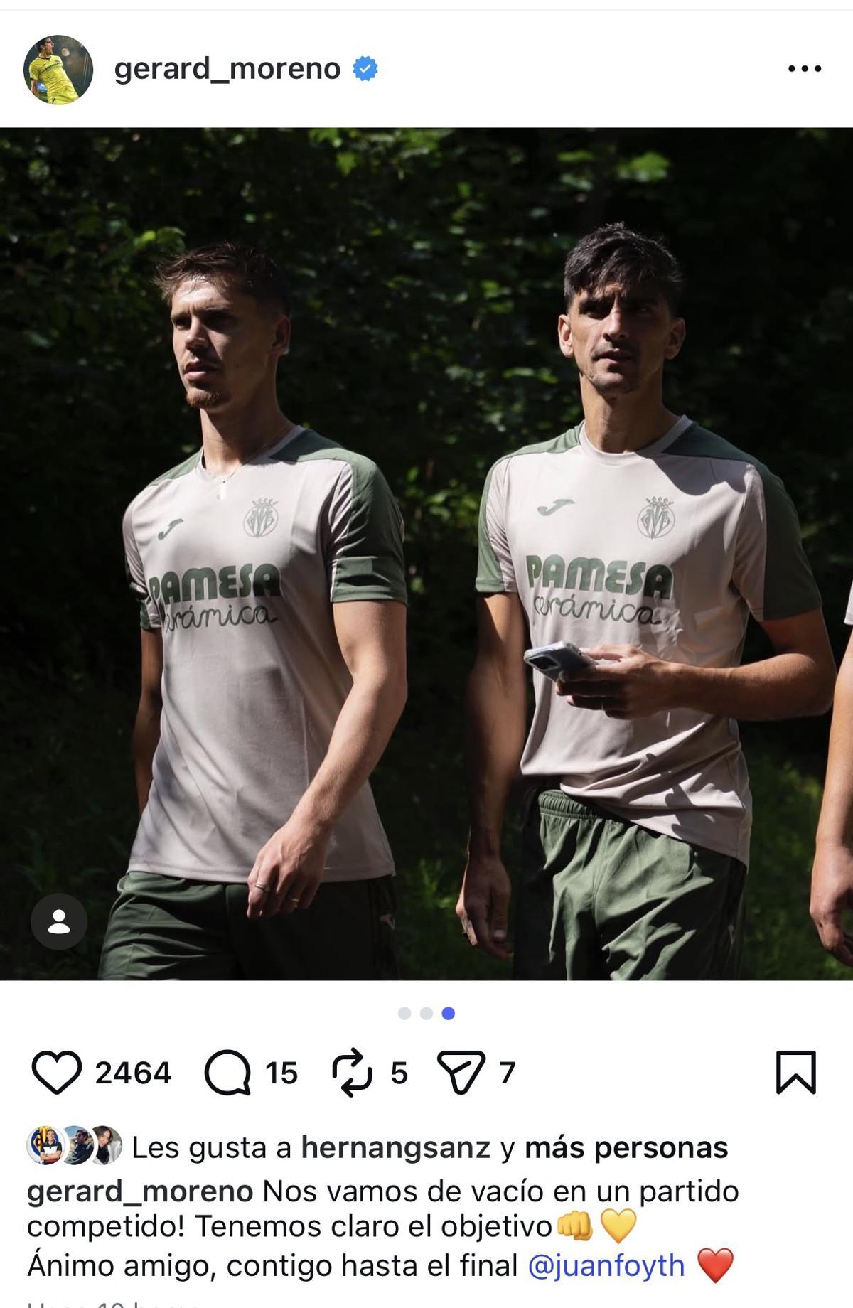 Gerard Moreno hizo esta publicación en Instagram en apoyo a Foyth.