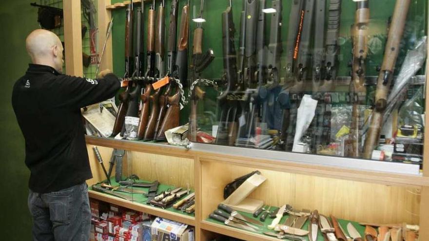Vista de distintos tipos de pistolas y escopetas en una armería gallega.