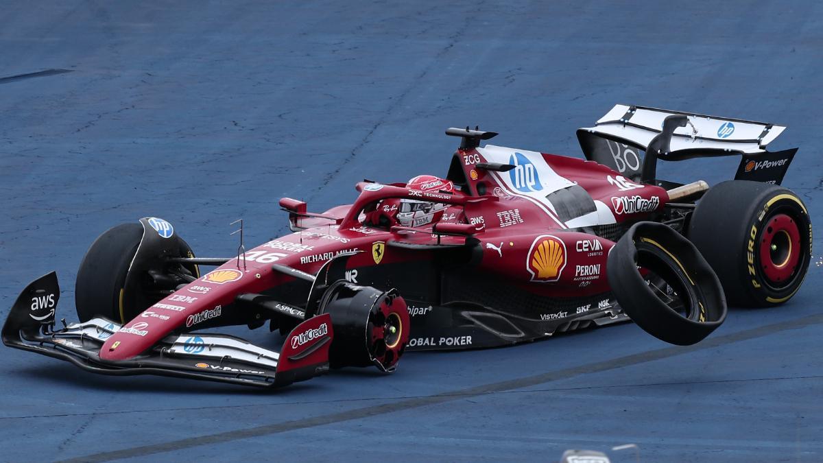 Charles Leclerc pierde el neumático delantero tras un toque con Piastri y Antonelli