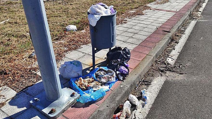 Basura tirada en una papelera del polígono de Silleda.