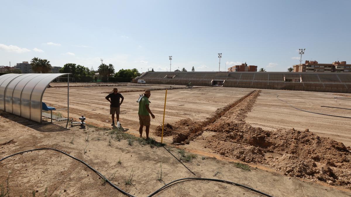 Imagen de ayer del terreno de juego del Díez Iborra, en el que se está cambiando el césped.