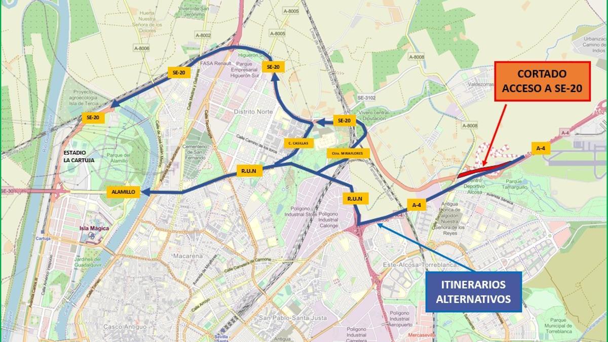 Cortes en la SE-20: así quedan los nuevos itinerarios hacia el parking de La Cartuja