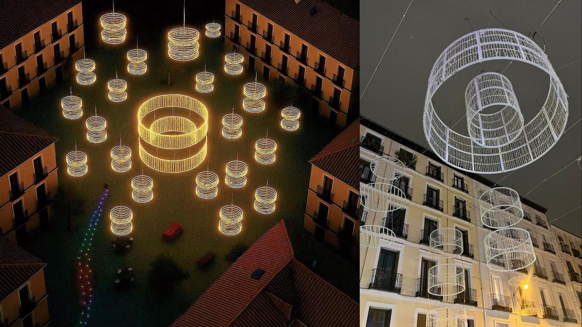 Recreación orientativa de la iluminación en Chueca e imagen real de la plaza madrileña, cuyas luces de Navidad brillarán a partir del sábado día 22