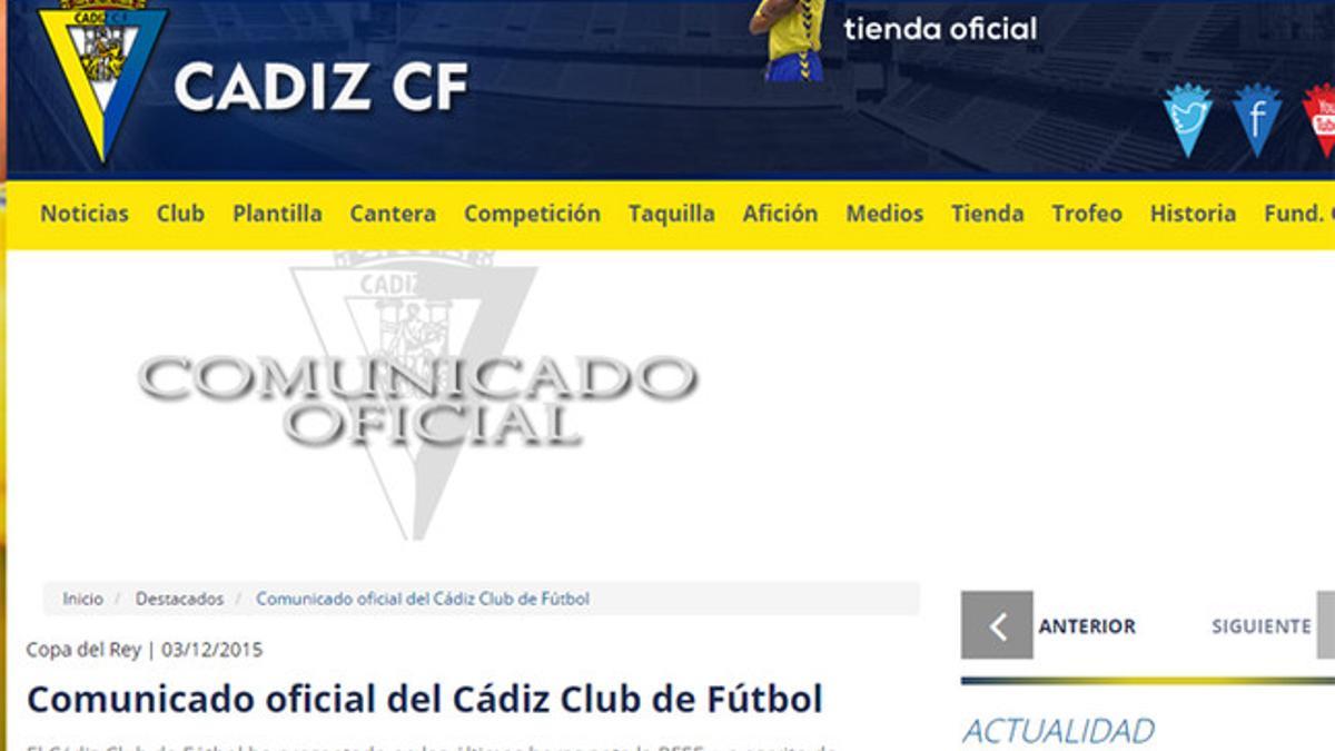 El Cadiz ha emitido un comunicado oficial en su página web