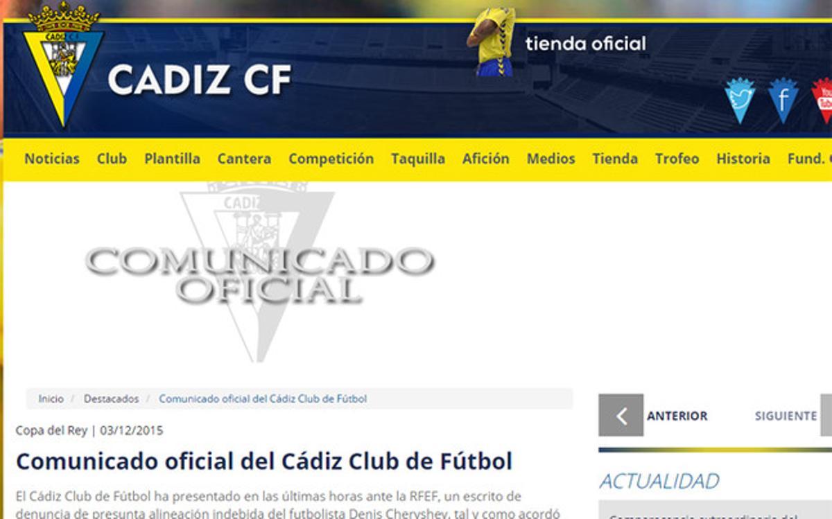 El Cadiz ha emitido un comunicado oficial en su página web