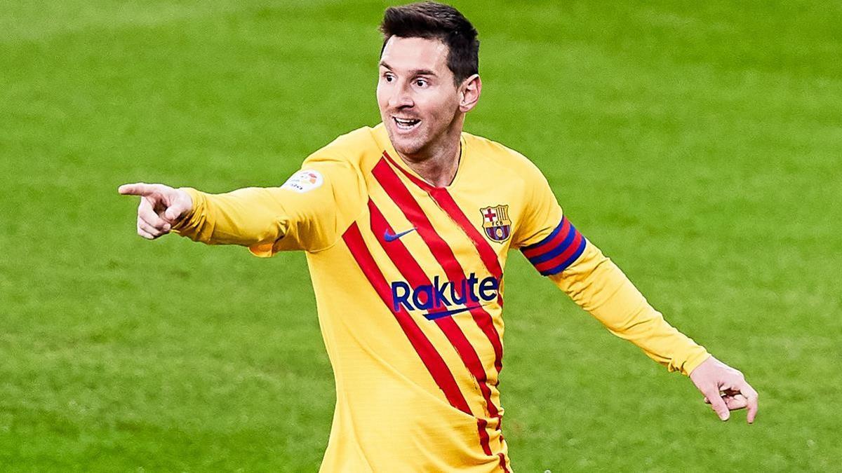 Messi celebra el primero de sus dos goles en San Mamés.