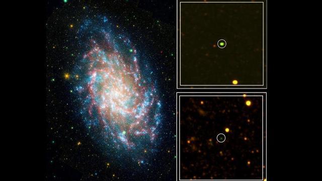 Izquierda: galaxia M33 o Triángulo, vecina de la Vía Láctea. Crédito: NASA/JPL-Caltech. Derecha (arriba y abajo): imágenes de dos de las nuevas nebulosas planetarias ("luciérnagas verdes") detectadas en Triángulo. Crédito: Rebeca Galera Rosillo, Romano Corradi y Antonio Mampaso, publicado en la revista Astronomy & Astrophysics en 2018 (A&A, 612, A35).