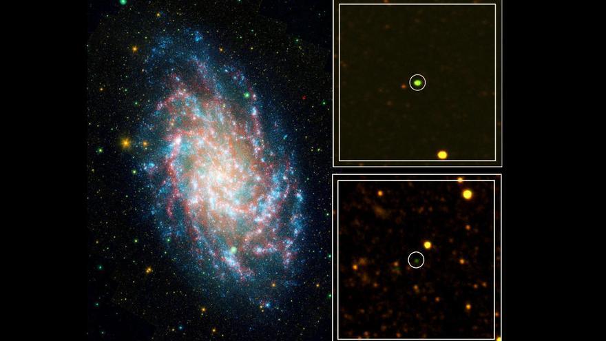 Izquierda: galaxia M33 o Triángulo, vecina de la Vía Láctea. Crédito: NASA/JPL-Caltech. Derecha (arriba y abajo): imágenes de dos de las nuevas nebulosas planetarias (&quot;luciérnagas verdes&quot;) detectadas en Triángulo. Crédito: Rebeca Galera Rosillo, Romano Corradi y Antonio Mampaso, publicado en la revista Astronomy &amp; Astrophysics en 2018 (A&amp;A, 612, A35).