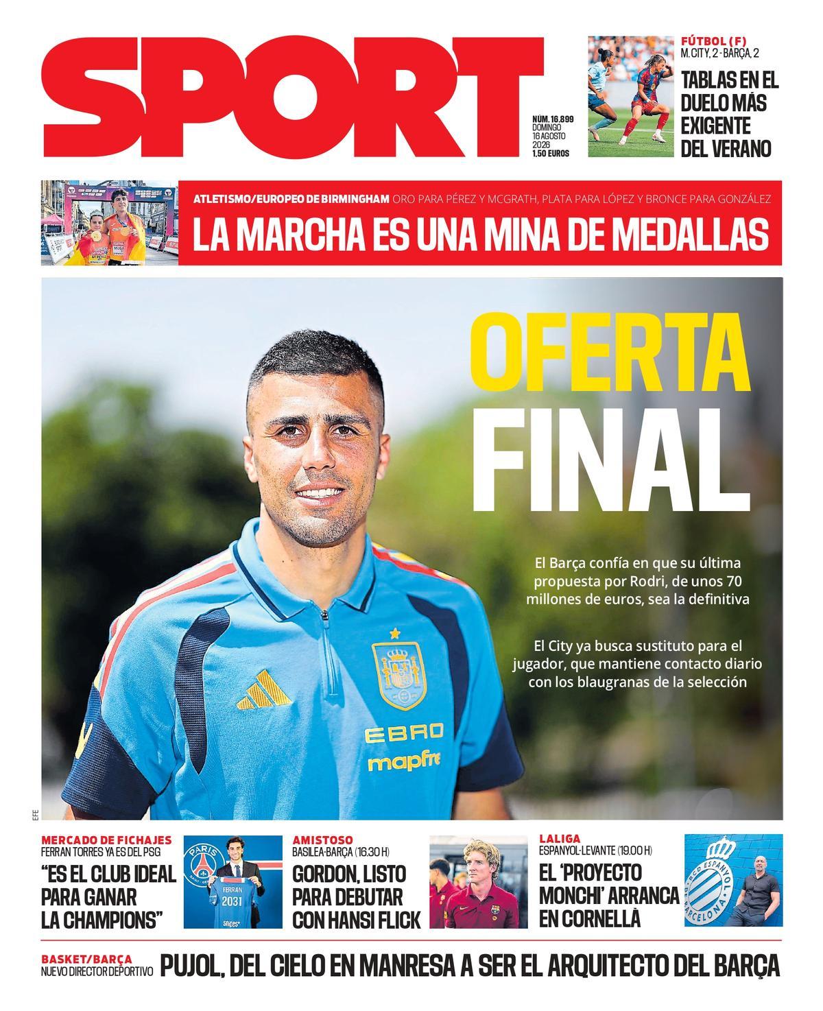 Esta es la portada de SPORT de hoy, domingo 16 de agosto