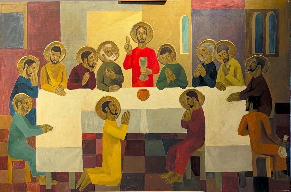 El boceto de la Santa Cena, muy fiel al estilo pictórico en boga en los años 50 para iglesias de nueva planta.