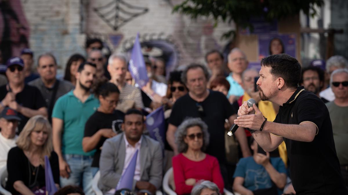 El exvicepresidente del Gobierno y exlíder de Podemos, Pablo Iglesias, en un acto de campaña en Barcelona