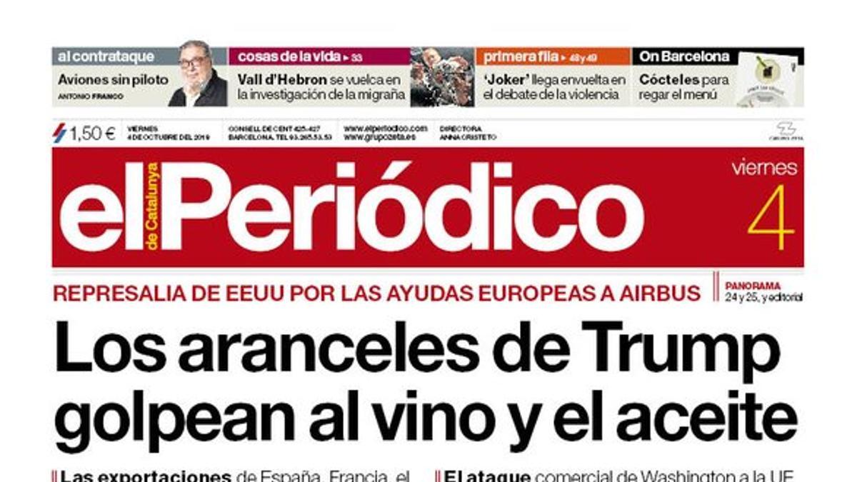 La portada de EL PERIÓDICO del 4 de octubre del 2019