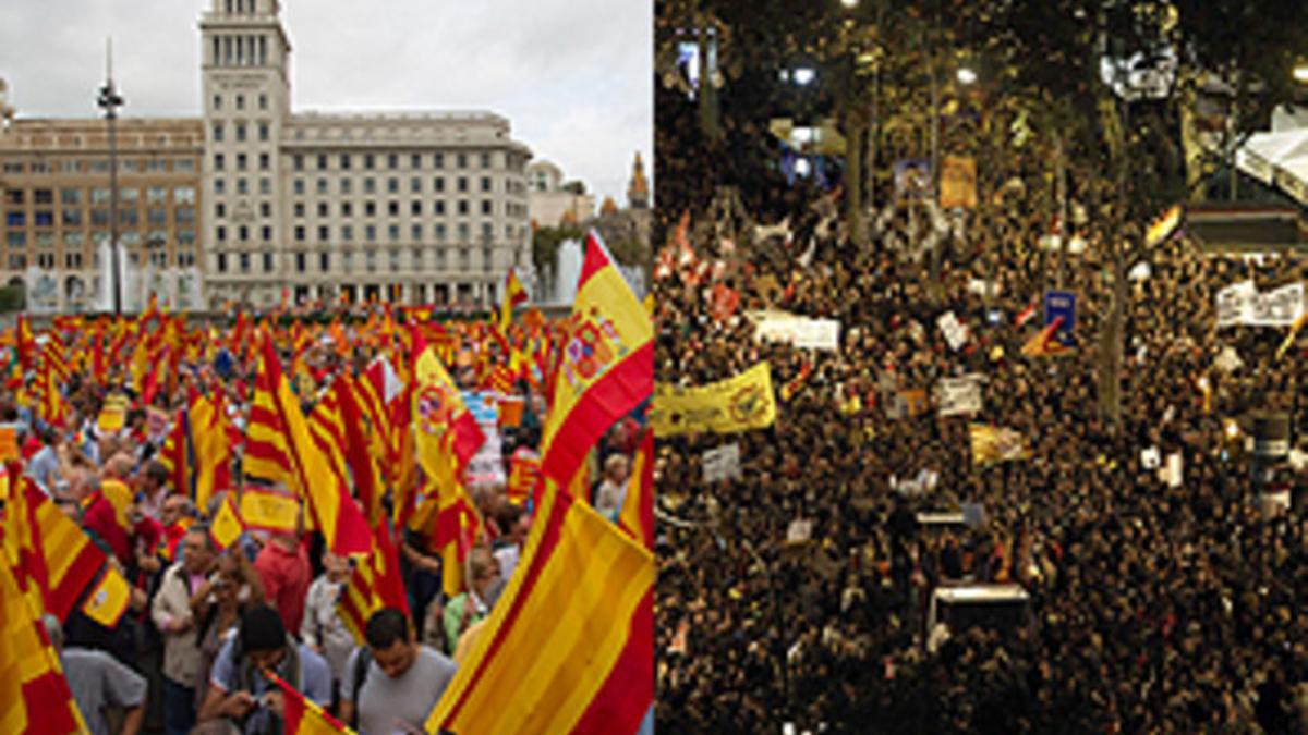 A la izquierda, manifestación por la unidad de España en la plaza de Catalunya del 12 de octubre. Al lado, protesta en el paseo de Gràcia con motivo de la huelga general.