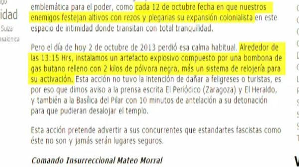 El Comando Insurreccional Mateo Morral reivindica l’atemptat a la basílica del Pilar