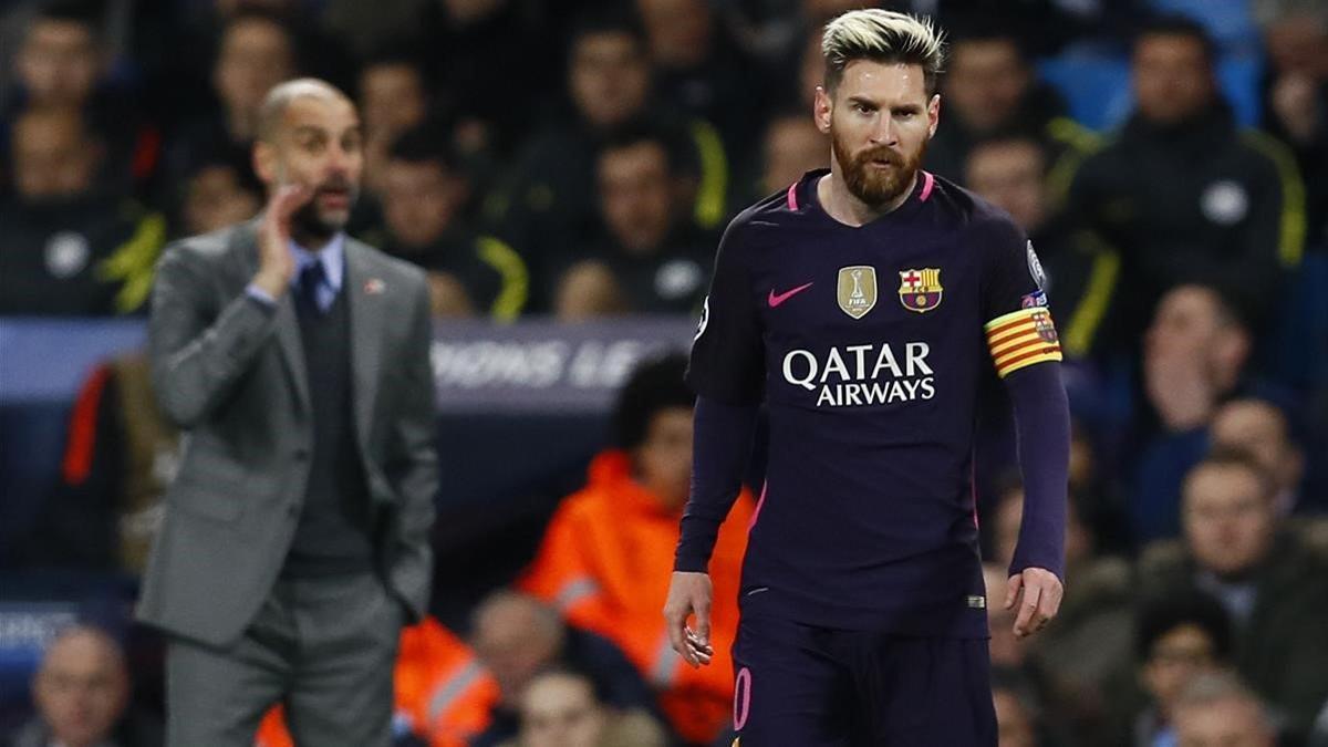 Guardiola y Messi en un City-Barça de Champions en el Etihad Stadium de Manchester.