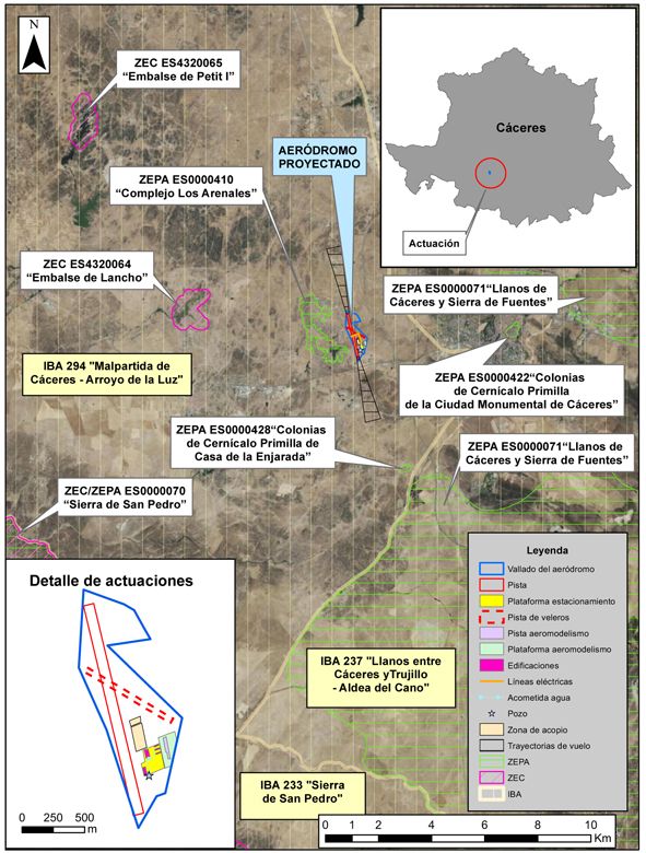 Plano con la ubicación propuesta para el aeródromo y las Zepas que están a su alrededor.