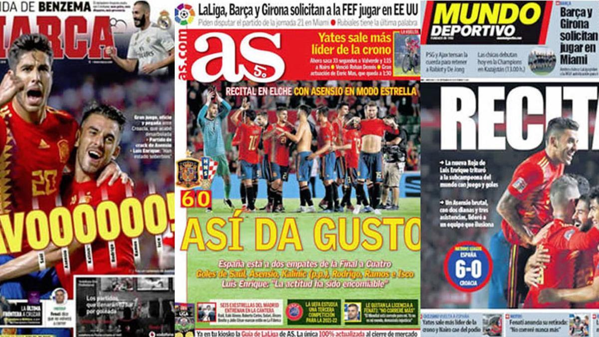 La victoria de España acapara las principales portadas de los rotativos deportivos de este miércoles