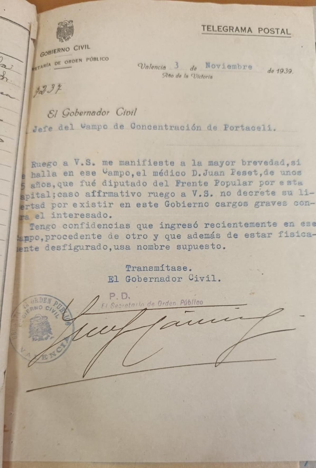 Telegrama completo del gobernador civil de Valencia.