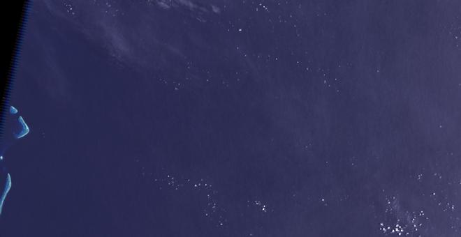 Imagen de satélite de la supuesta ubicación de la isla Sandy, Nueva Caledonia. Las islas Chesterfield son visibles al oeste.