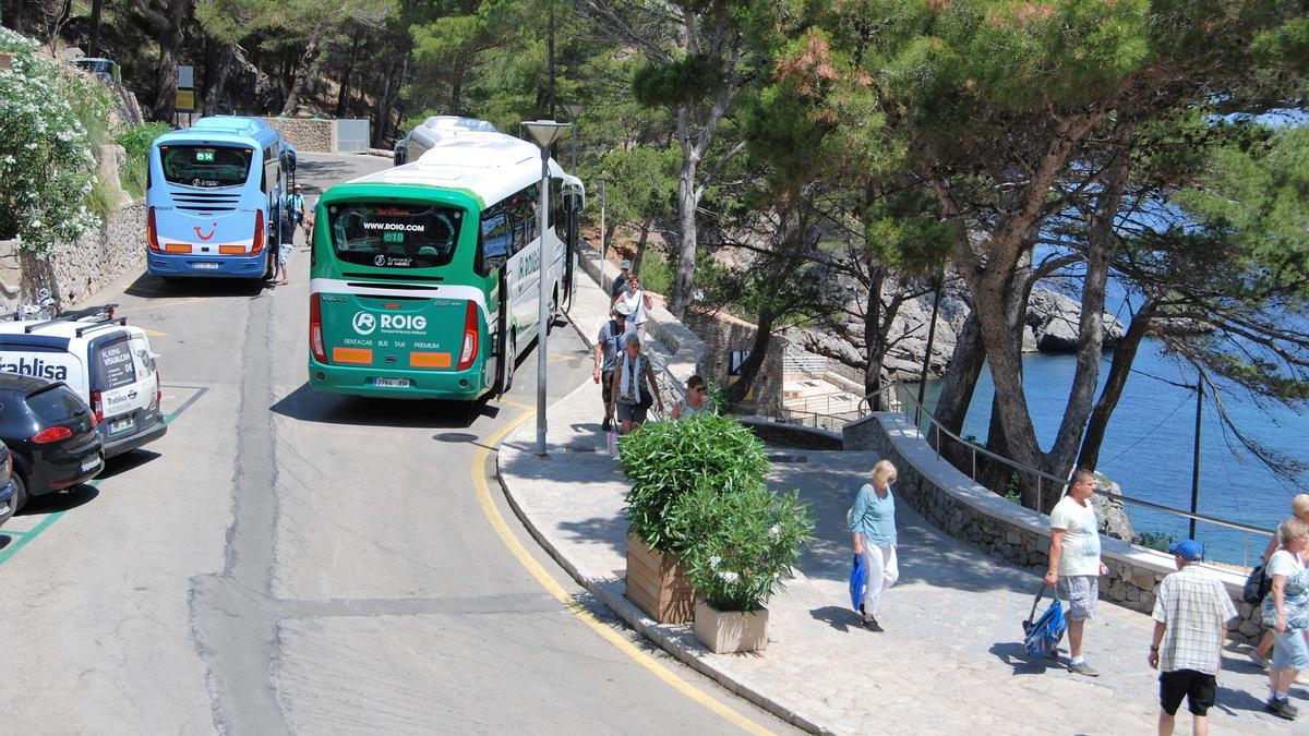 Autocares y vehículos en la zona de aparcamiento restringido de sa Calobra, durante un pasado verano.