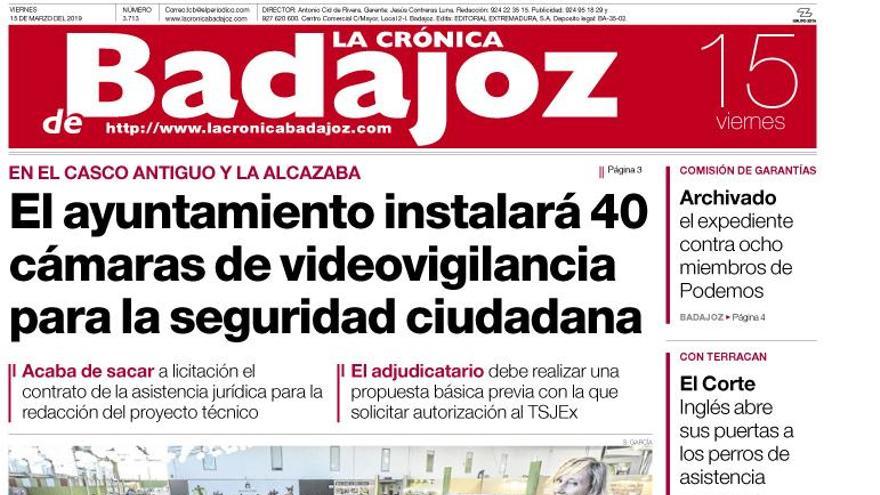 Esta es la portada de LA CRÓNICA DE BADAJOZ correspondiente al día 15 de marzo del 2019