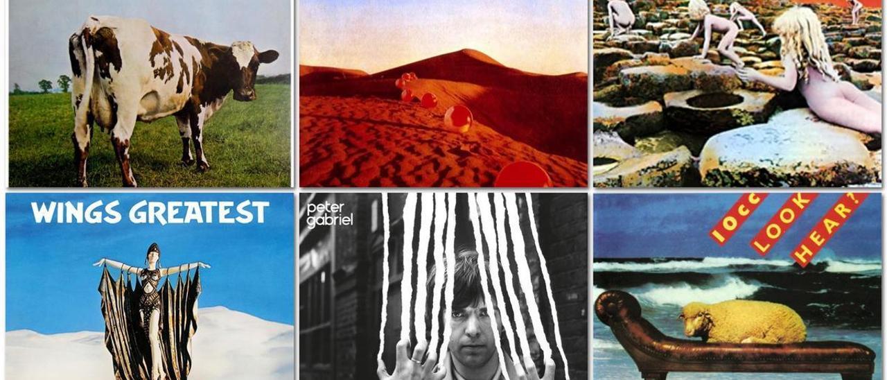Las portadas de ’Atom heart mother’ (Pink Floyd); ’Elegy’ (The Nice); ’Houses of the holy’ (Led Zeppelin); ’Wings greatest’ (The Wings); ’Peter Gabriel 2’ (Peter Gabriel), y ’Look hear?’ (10cc).