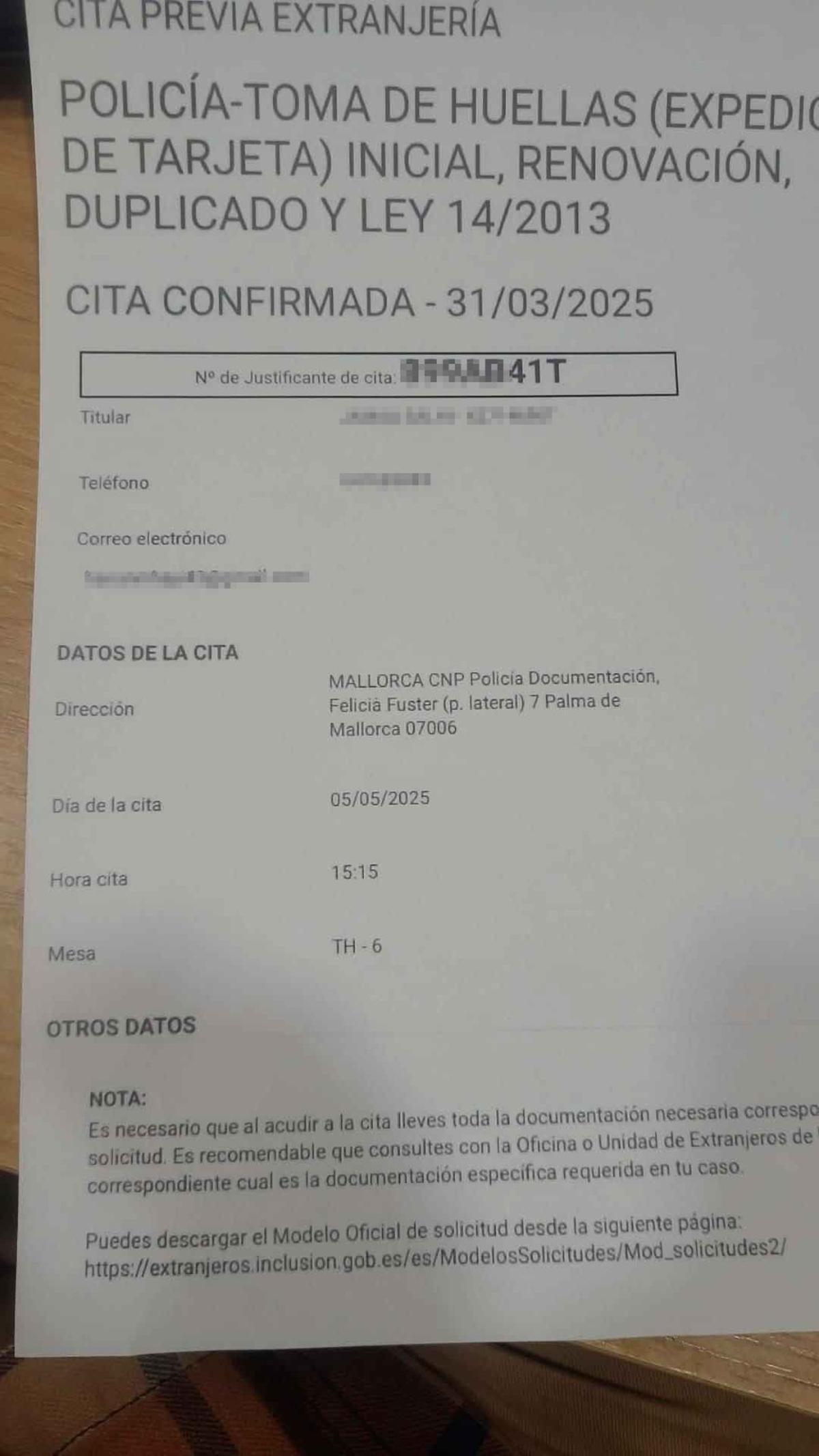 Foto del documento que reciben los compradores, cons sus datos y el día y la hora d ela cita.