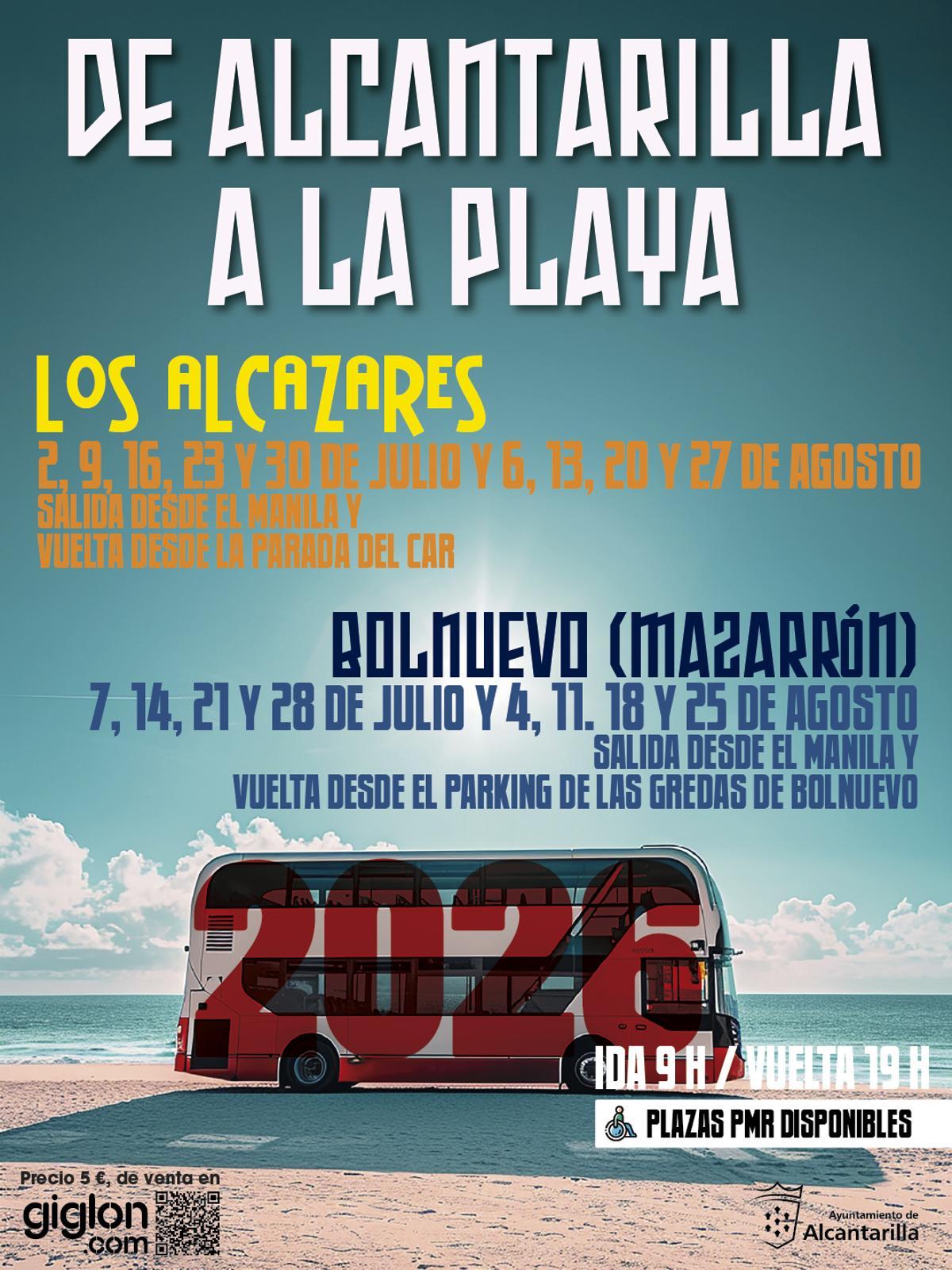 Cartel con la información de los autobuses a la playa desde Alcantarilla