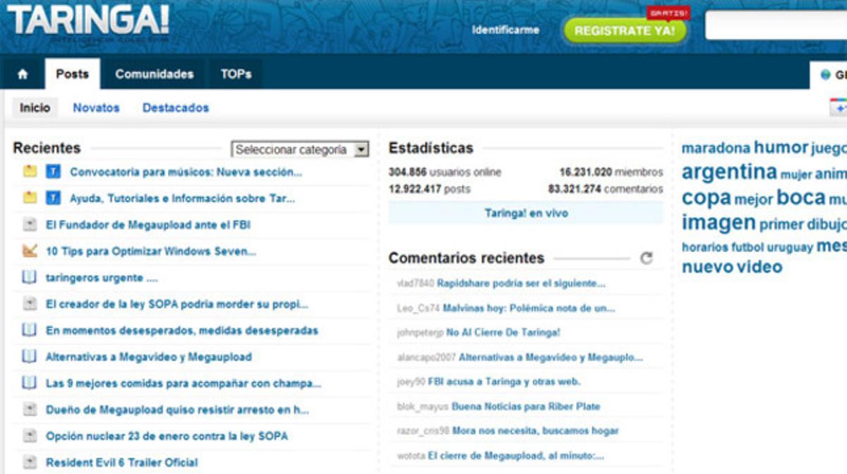 Interfaz de la página web taringa.net