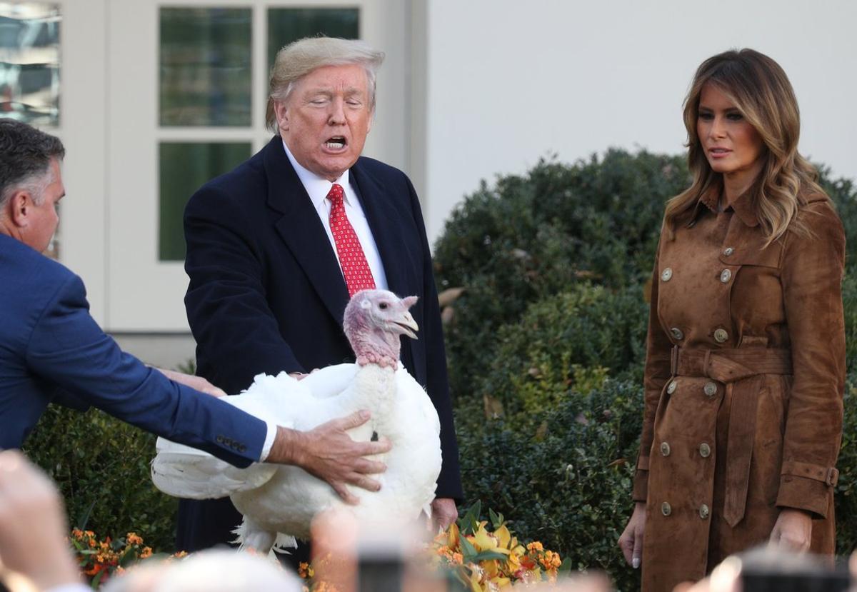 U.S. President Donald Trump pardons one of the 72nd National Thanksgiving Turkeys as Wellie Jackson, who raised the turkey, holds onto it and first lady Melania Trump looks on during ceremonies in the Rose Garden at the White House in Washington, U.S., November 26, 2019. REUTERS/Loren Elliott U.S. President Donald Trump pardons one of the 72nd National Thanksgiving Turkeys as Wellie Jackson, who raised the turkey, holds onto it and first lady Melania Trump looks on during ceremonies in the Rose Garden at the White House in Washington, U.S., November 26, 2019. REUTERS/Loren Elliott