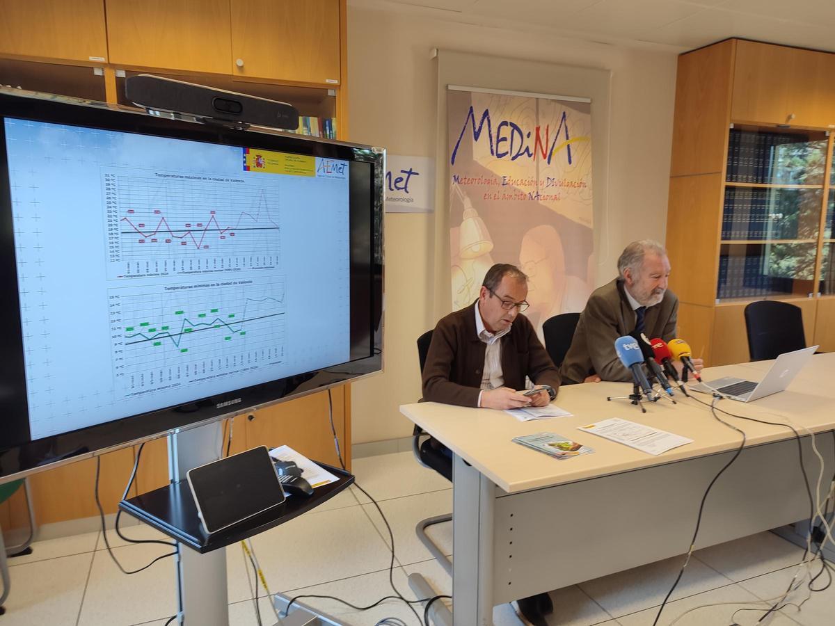 José Ángel Núñez y Jorge Tamayo, Jefe de Climatología y delegado de la Aemet en la Comunita Valencia, durante la rueda de prensa de hoy.