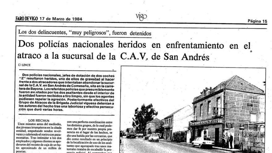 Página de FARO sobre el atraco en 1984 a una caja de ahorros en la que resultó herido Manuel Sánchez.