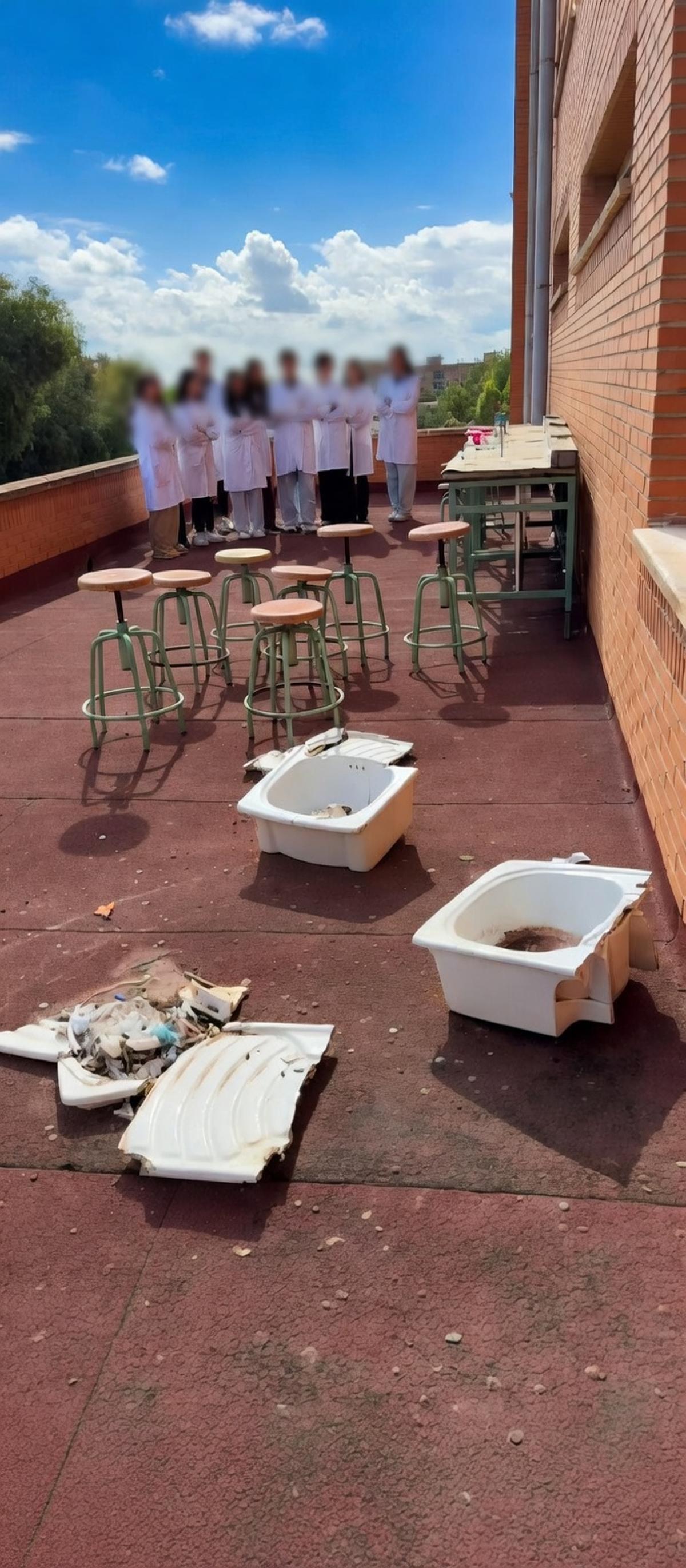 El alumnado, en el reel que crearon para Instagram con los enseres retirados del laboratorio.