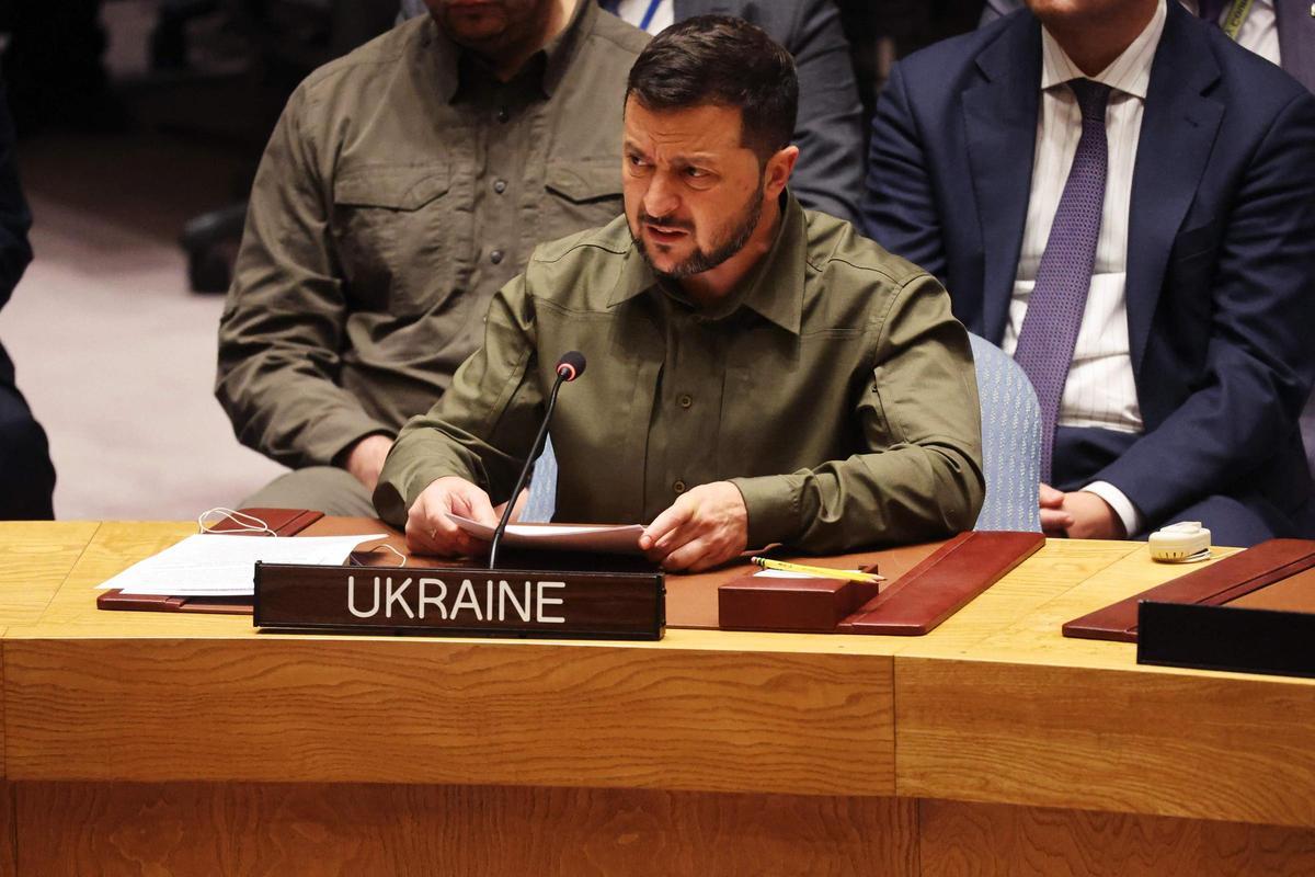 El presidente de Ucrania, Volodímir Zelenski, durante su intervención en el Consejo de Seguridad de la ONU este miércoles.