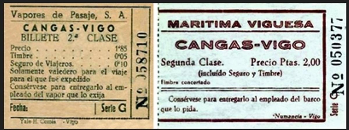 Exemplo de dous billetes de barco do transporte de ría.