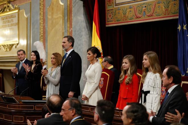 El rey Felipe, la reina Letizia, la princesa Leonor y la infanta Sofía en la apertura de la XIV Legislatura, en febrero de 2020