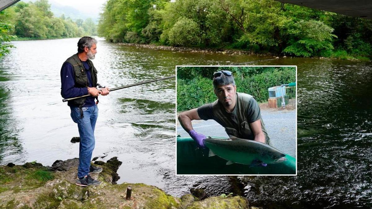 Un pescador en el río Narcea. En el recudro, el joven fallecido en una foto distribuida por la Sociedad de Pescadores de la que era vicepresidente.