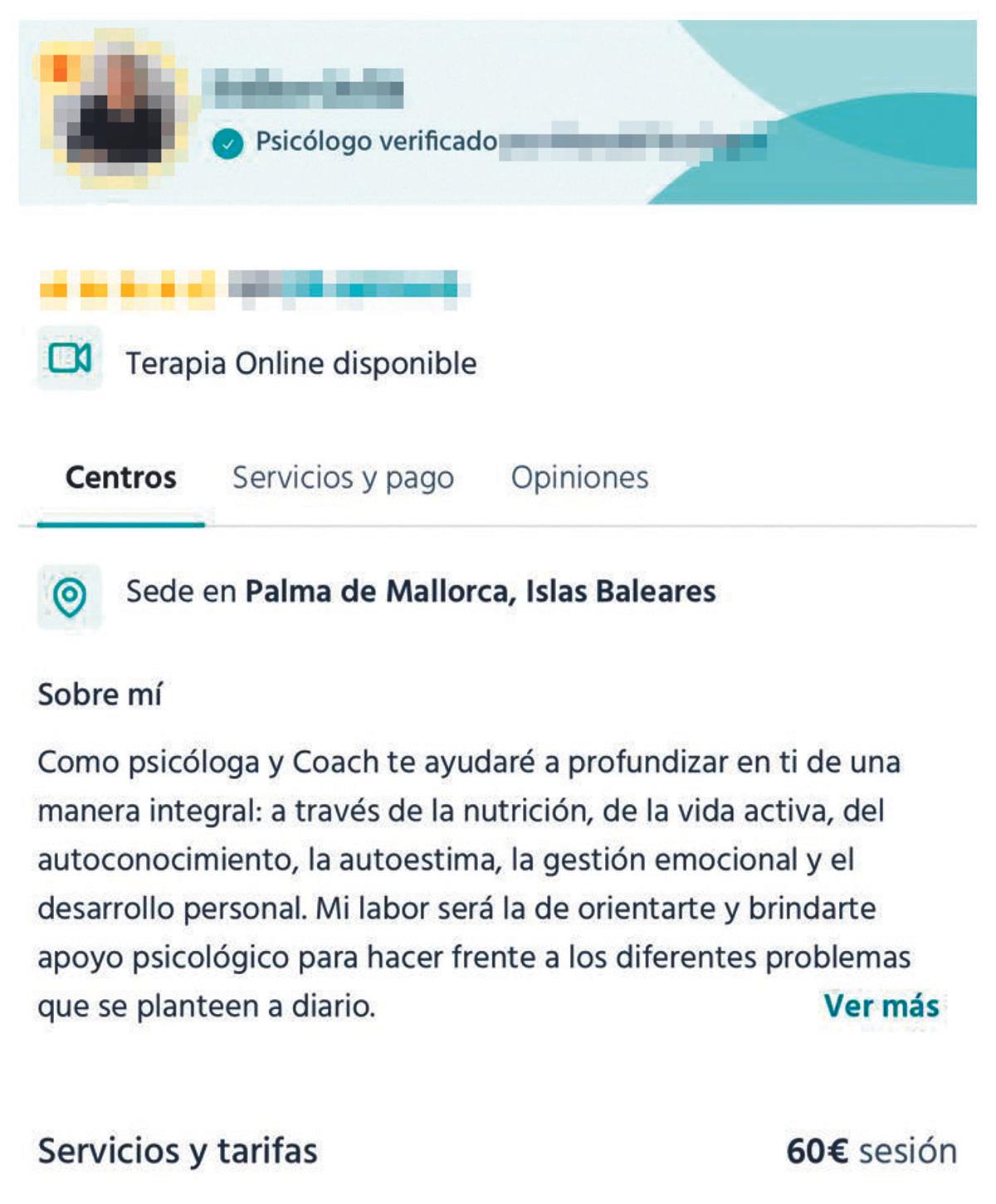 En esta captura de pantalla se puede apreciar cómo la profesora que consiguió plaza sin oposición, y está de baja, ofrece psicoterapia a 60 euros.