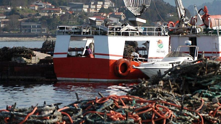 Trabajos en una batea en 
Combarro. |   // GUSTAVO SANTOS