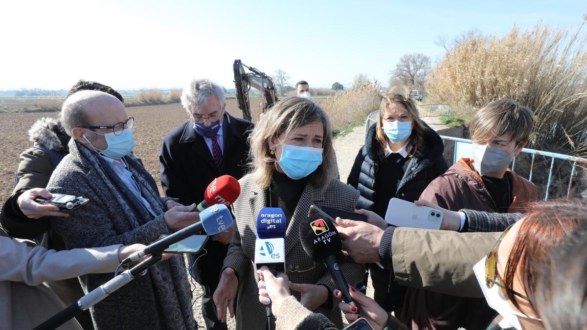 La presidenta de la CHE, María Dolores Pascual, en la visita este martes a unas motas reparadas en la ribera del Ebro.