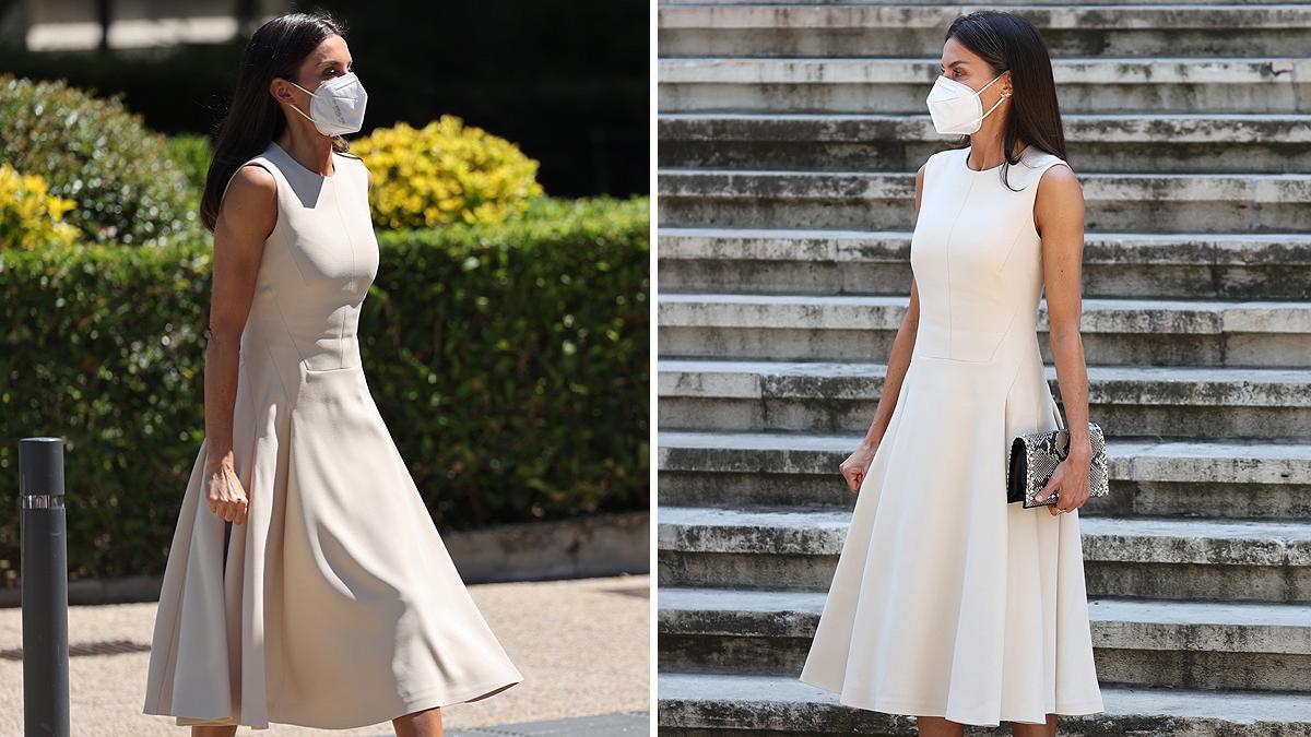 La Reina Letizia, con su vestido blanco de Pedro del Hierro.