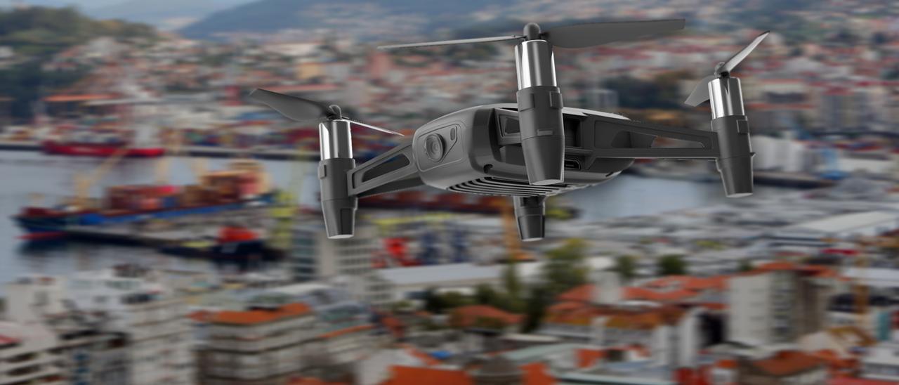 Montaje de un dron sobrevolando Vigo